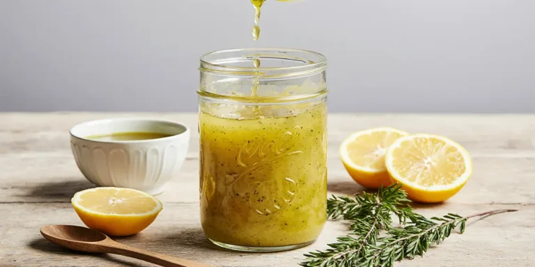 Fresh lemon vinaigrette recipe being drizzled over mixed greens with lemons, olive oil, and ingredients on white background