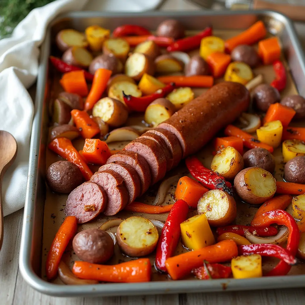 heet pan kielbasa dinner with golden roasted vegetables including potatoes, carrots, bell peppers and onions on parchment-lined baking sheet