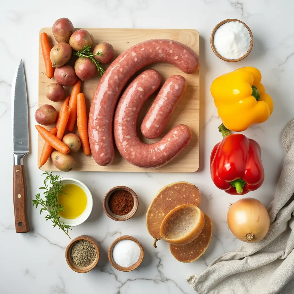 Raw ingredients for sheet pan kielbasa dinner including whole kielbasa sausage, baby potatoes, carrots, bell peppers, onion and seasonings arranged on white surface