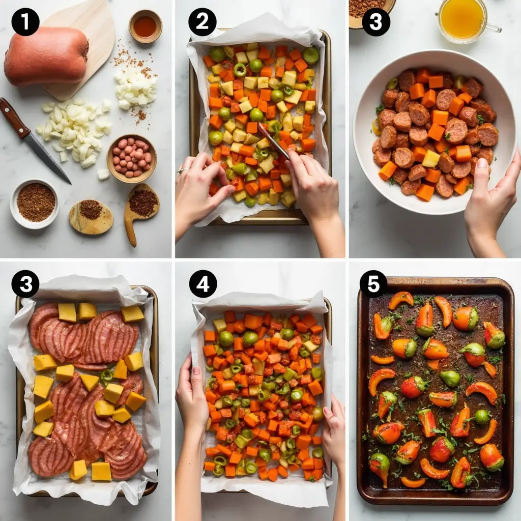 Six-panel step by step process showing how to make sheet pan kielbasa dinner from prep to finished meal