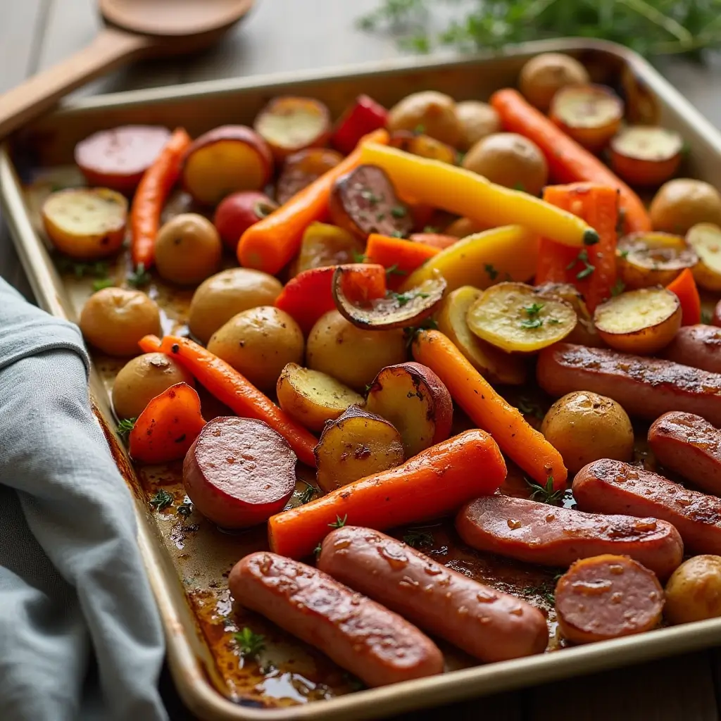 Plated sheet pan kielbasa dinner served on white plates with roasted vegetables and sliced sausage, family dining table setting