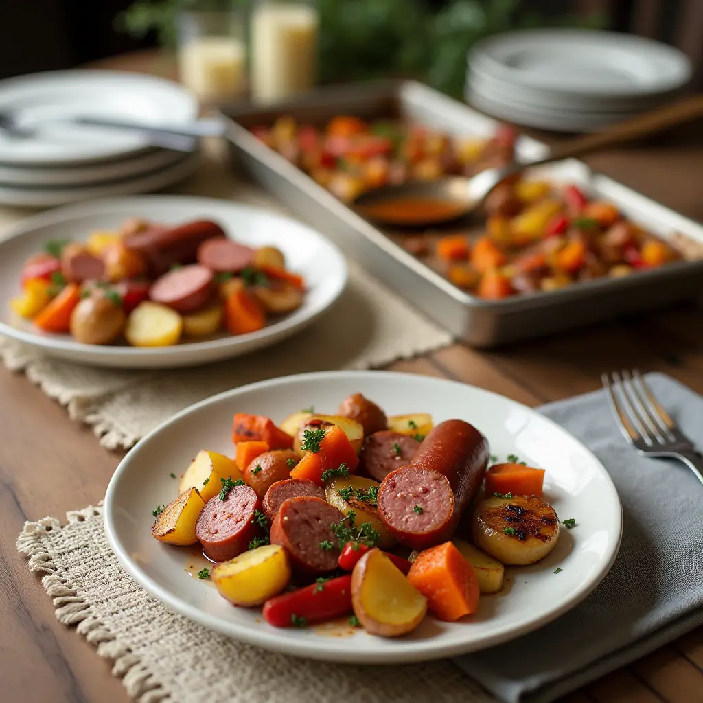 Plated sheet pan kielbasa dinner served on white plates with roasted vegetables and sliced sausage, family dining table setting