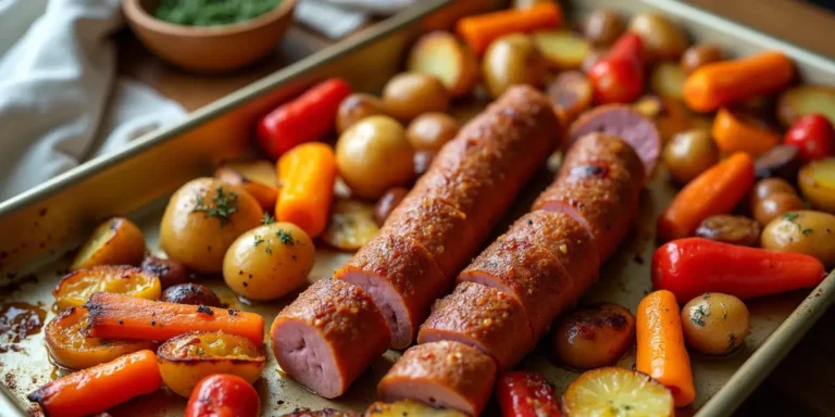 Sheet pan kielbasa dinner with golden roasted vegetables including potatoes, carrots, bell peppers and onions on parchment-lined baking sheet"