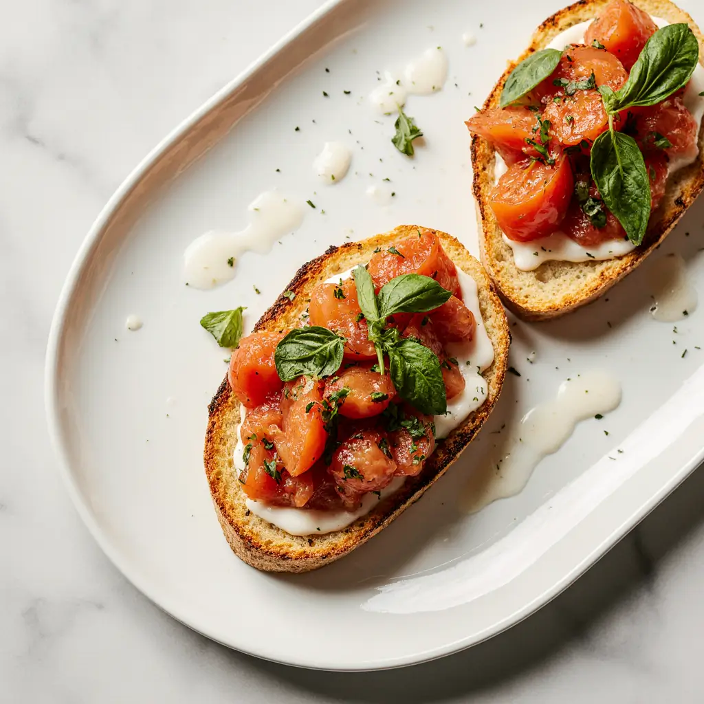 Fresh tomato basil bruschetta on golden toasted crostini arranged on rustic wooden board with olive oil and fresh basil garnish