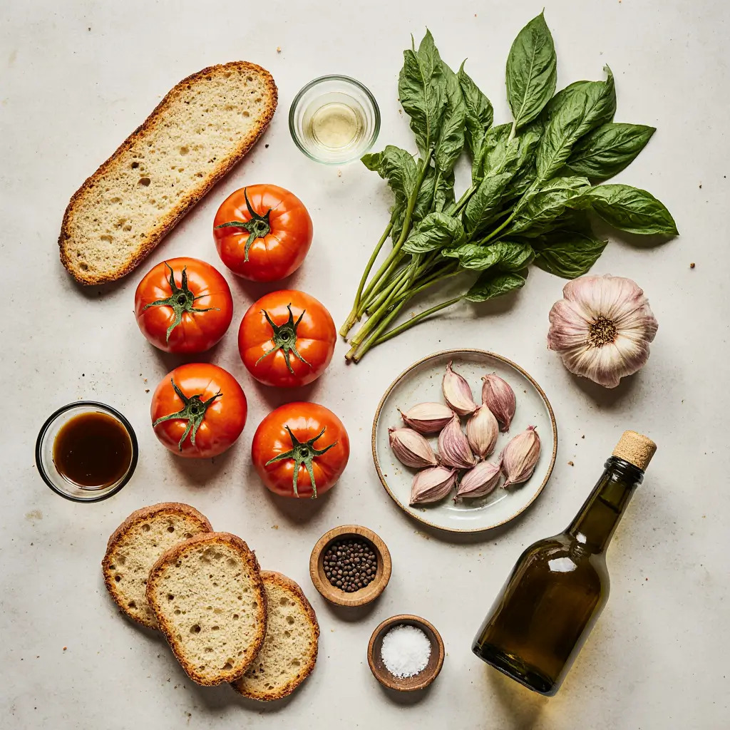 Fresh tomato basil bruschetta on golden toasted crostini arranged on rustic wooden board with olive oil and fresh basil garnish