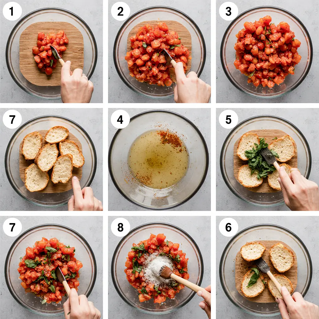 Fresh tomato basil bruschetta on golden toasted crostini arranged on rustic wooden board with olive oil and fresh basil garnish