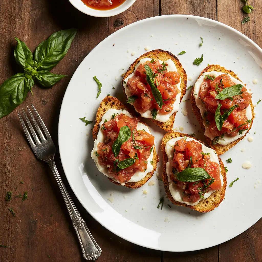 Fresh tomato basil bruschetta on golden toasted crostini arranged on rustic wooden board with olive oil and fresh basil garnish
