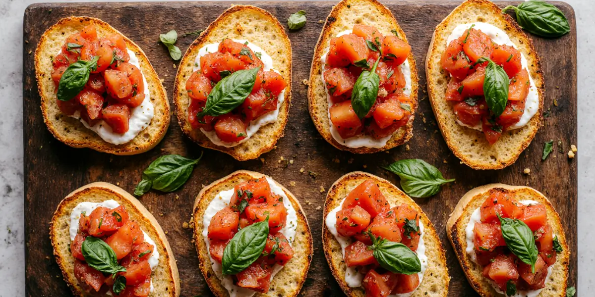 Fresh tomato basil bruschetta on golden toasted crostini arranged on rustic wooden board with olive oil and fresh basil garnish