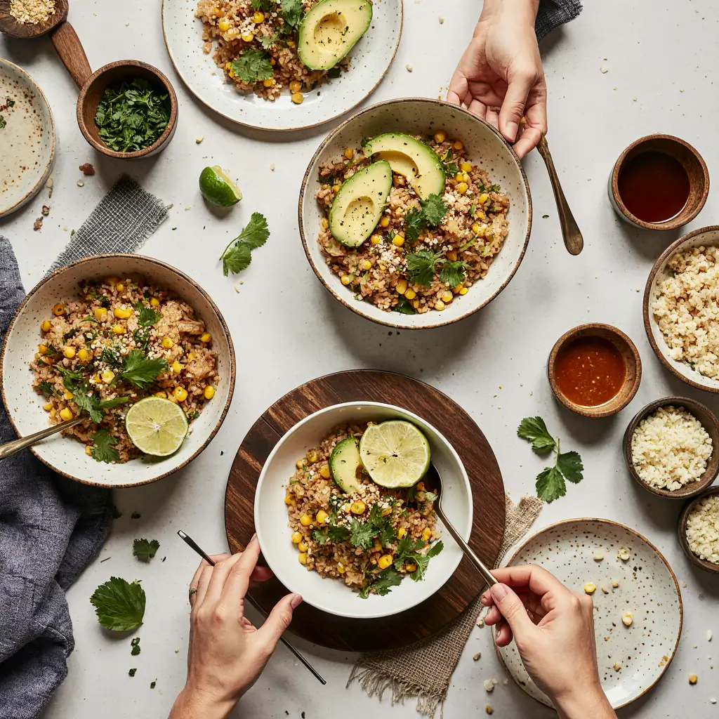 Multiple servings of corn chicken rice bowl displayed for family dinner with different garnish options