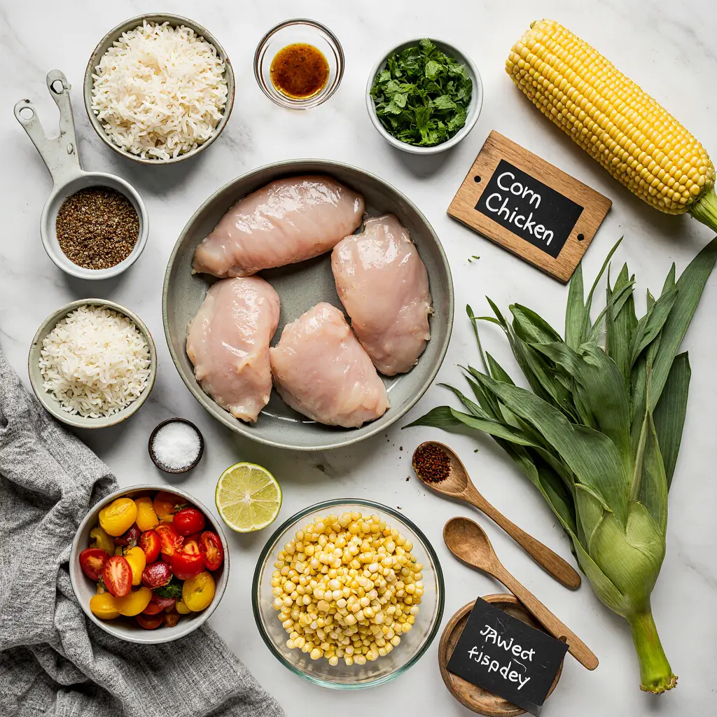 Fresh ingredients for corn chicken rice bowl recipe including chicken breast, rice, corn, vegetables and seasonings