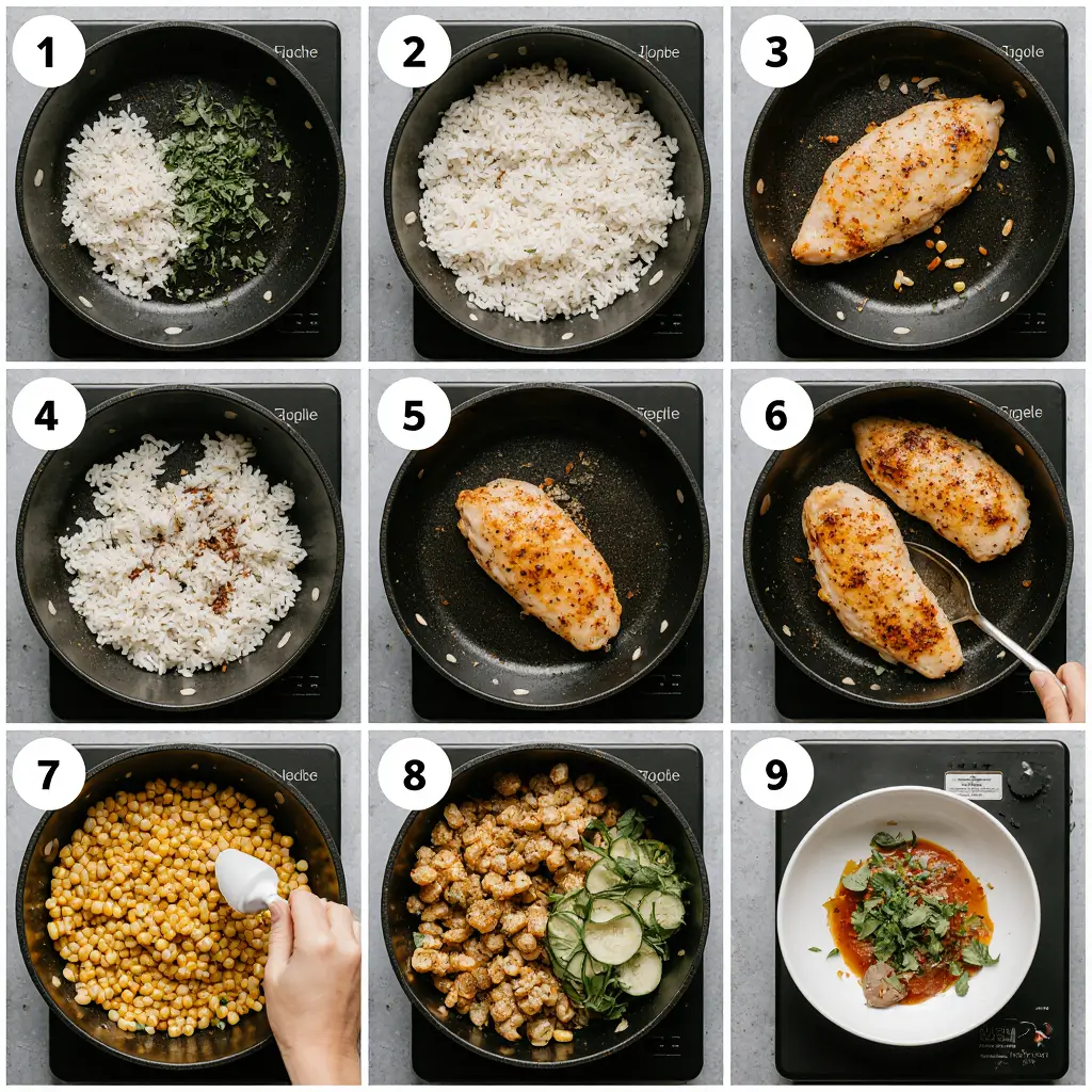 Step by step cooking process for making corn chicken rice bowl from prep to final assembly