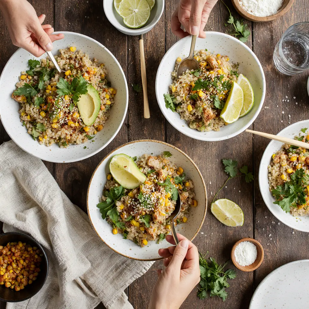 Multiple servings of corn chicken rice bowl displayed for family dinner with different garnish options