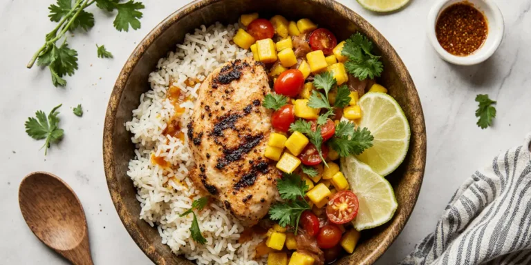 Delicious corn chicken rice bowl with grilled chicken, sweet corn, and fresh vegetables in a ceramic bowl