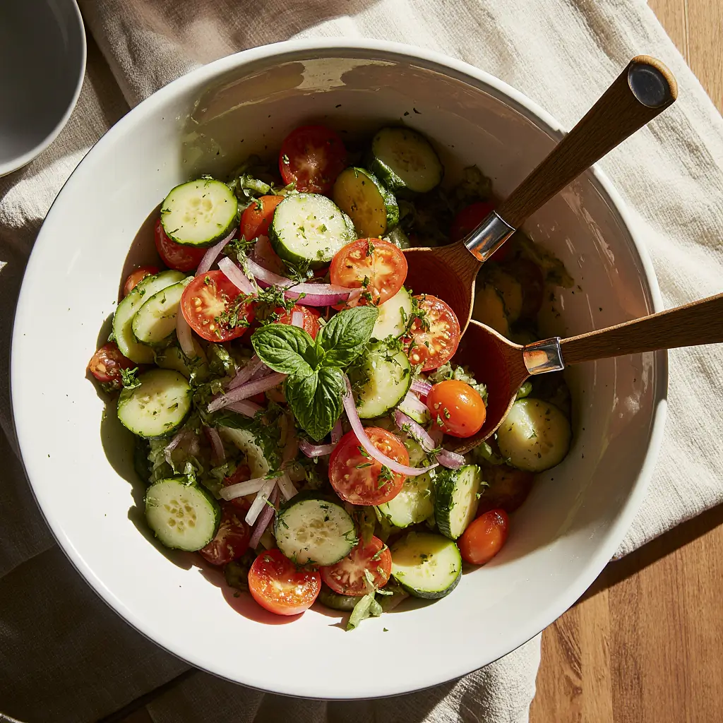 Fresh cucumber tomato onion salad with spinach leaves and crumbled cheese served in a speckled ceramic bowl on rustic wooden table