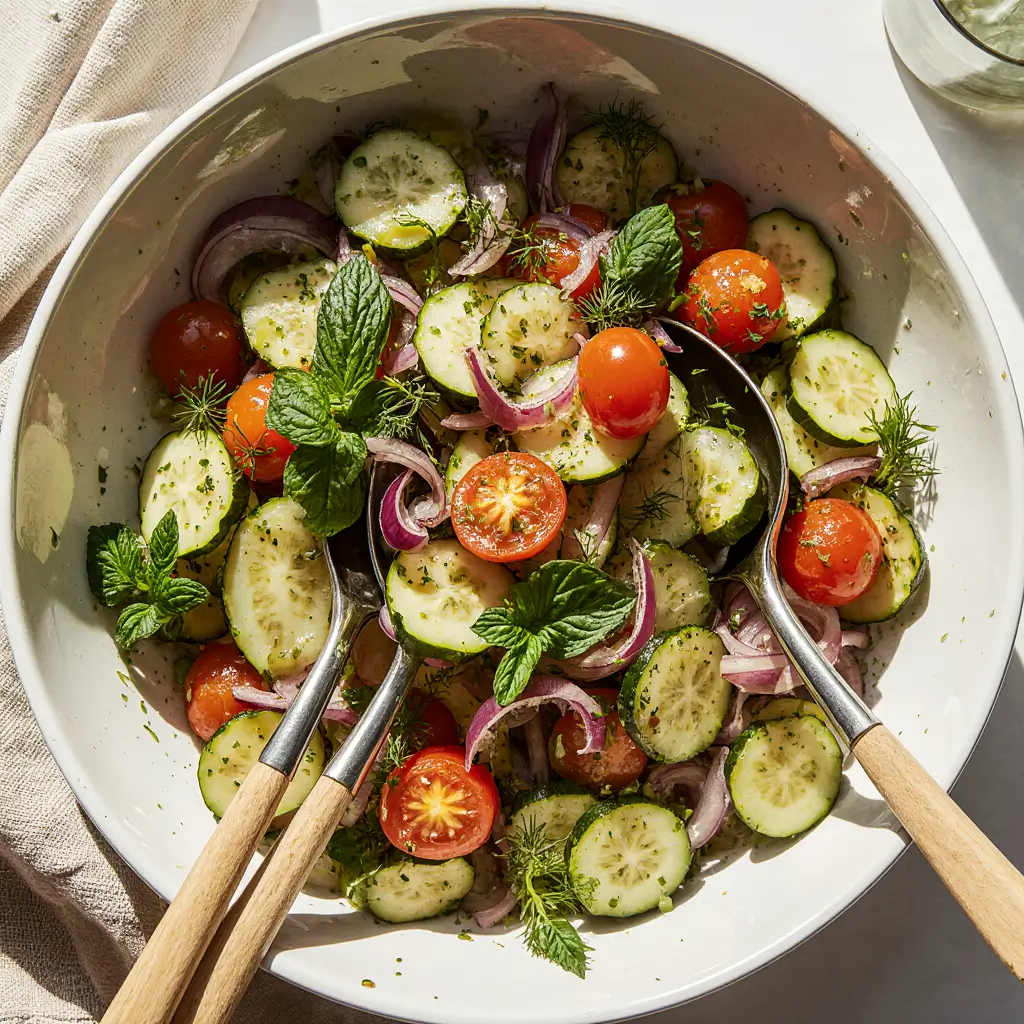Fresh cucumber tomato onion salad with spinach leaves and crumbled cheese served in a speckled ceramic bowl on rustic wooden table
