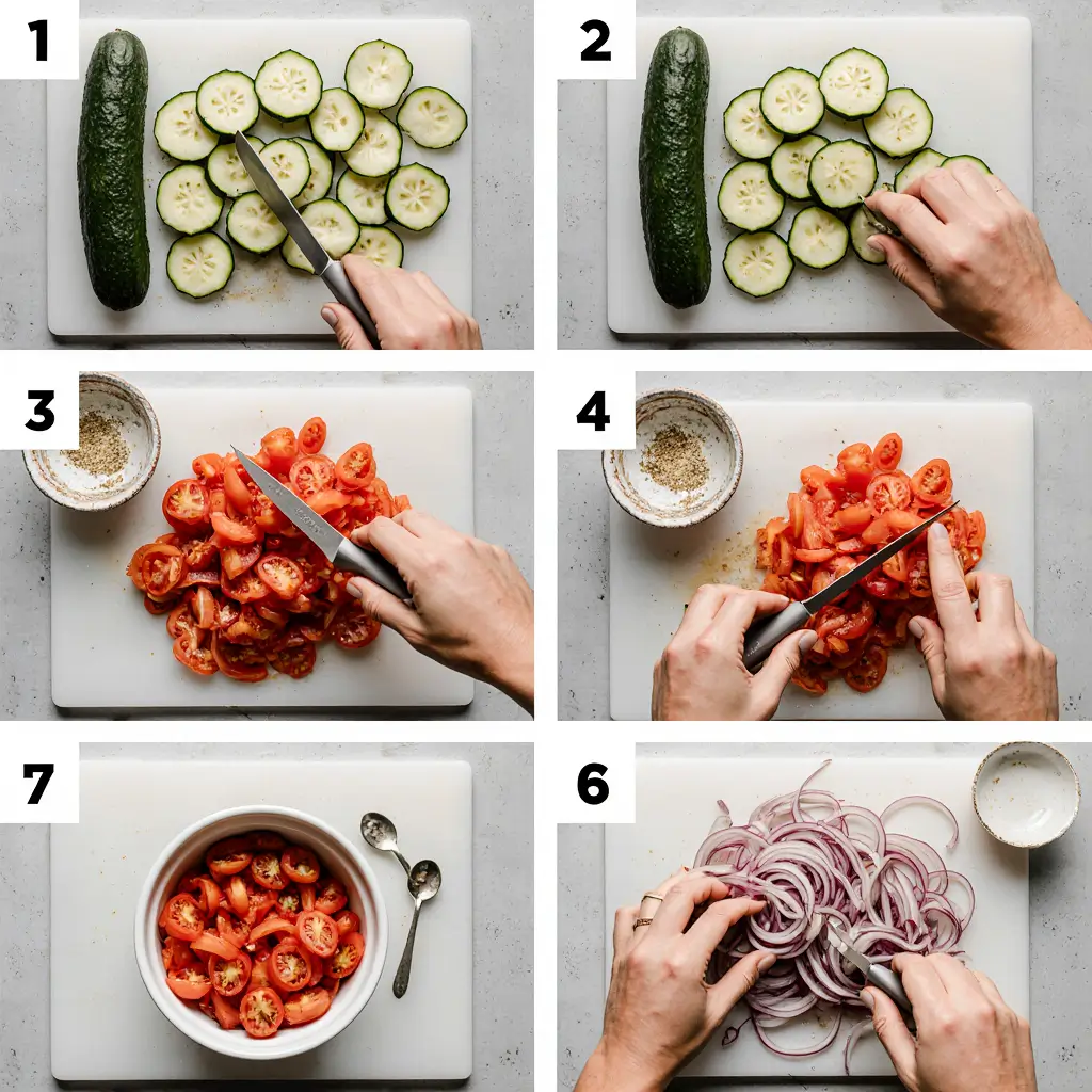 Fresh cucumber tomato onion salad with spinach leaves and crumbled cheese served in a speckled ceramic bowl on rustic wooden table
