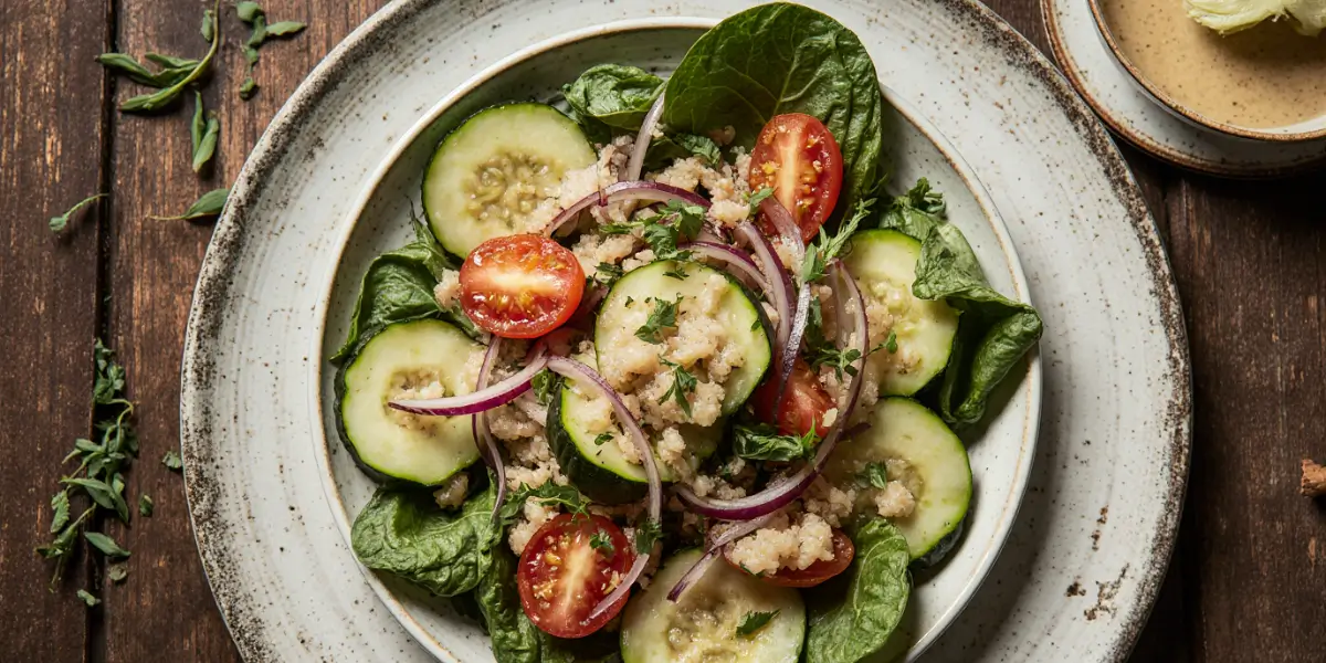 Fresh cucumber tomato onion salad with spinach leaves and crumbled cheese served in a speckled ceramic bowl on rustic wooden table