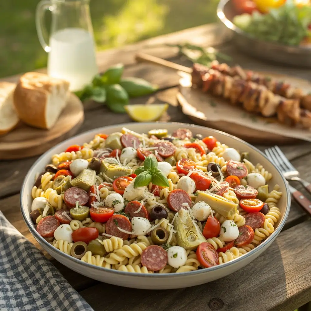 Vibrant Italian pasta salad with salami, mozzarella, and fresh veggies in a bowl at sunny picnic. No-mayo dressing.