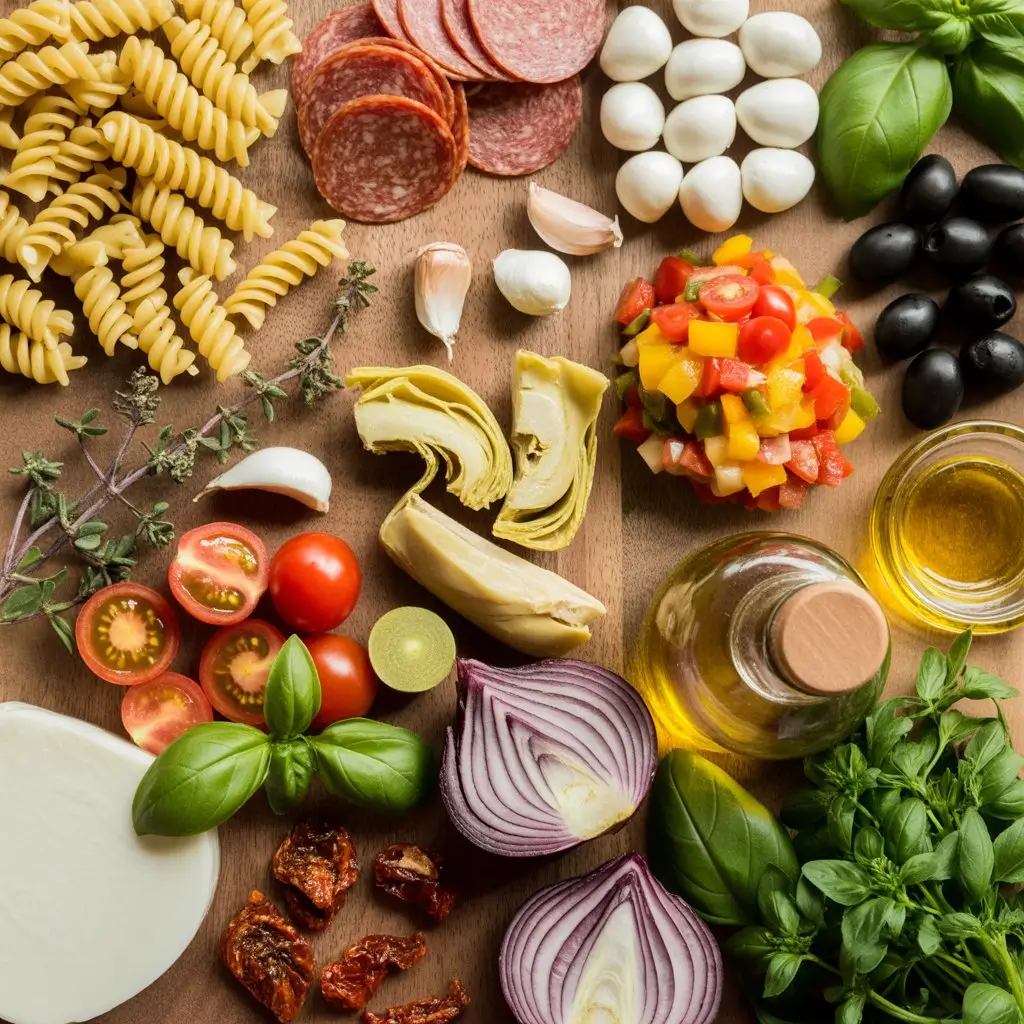 Vibrant Italian pasta salad with salami, mozzarella, and fresh veggies in a bowl at sunny picnic. No-mayo dressing.