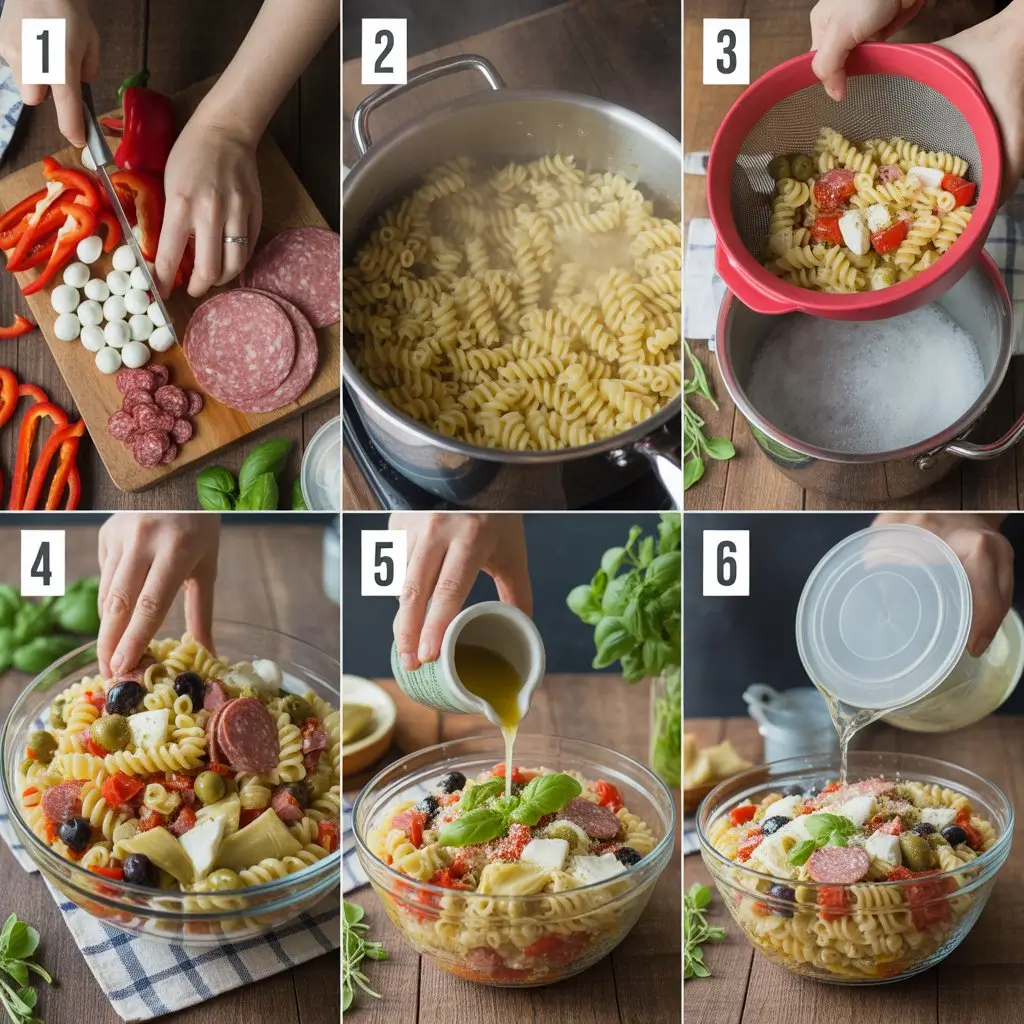 Vibrant Italian pasta salad with salami, mozzarella, and fresh veggies in a bowl at sunny picnic. No-mayo dressing.