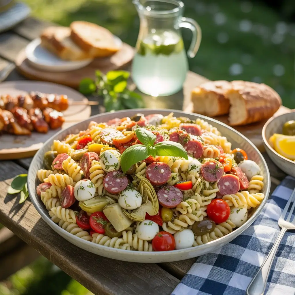 Vibrant Italian pasta salad with salami, mozzarella, and fresh veggies in a bowl at sunny picnic. No-mayo dressing.