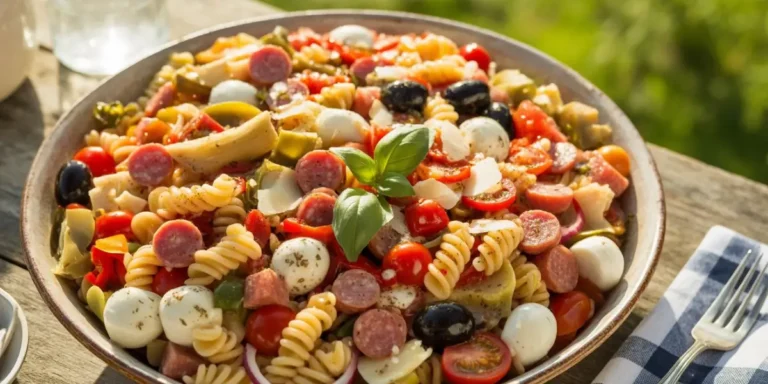Vibrant Italian pasta salad with salami, mozzarella, and fresh veggies in a bowl at sunny picnic. No-mayo dressing.