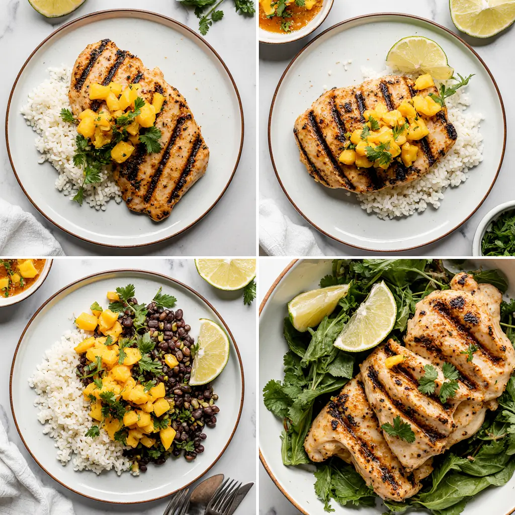 Family dinner table with multiple servings of honey lime chicken with mango salsa plated with rice and vegetables