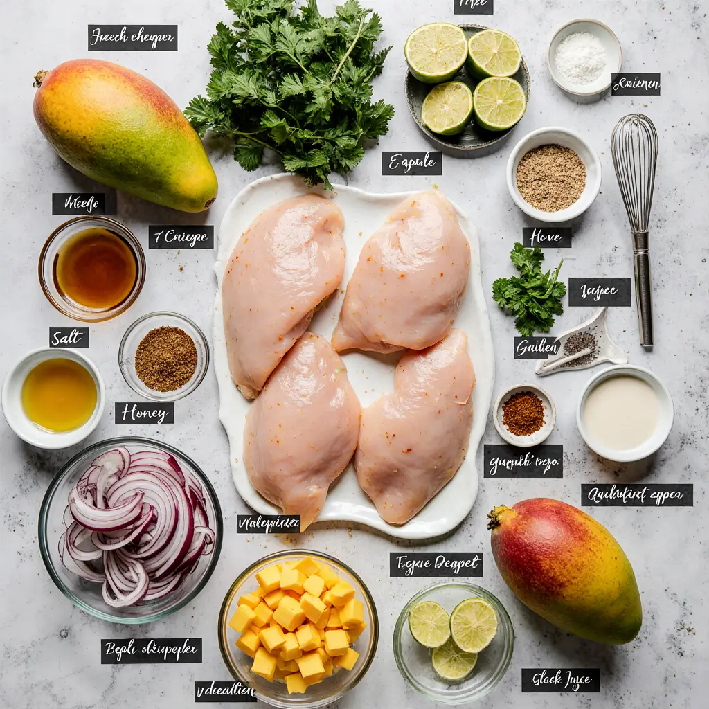 Fresh ingredients for honey lime chicken with mango salsa laid out on white marble surface including chicken, mango, limes, and spices"