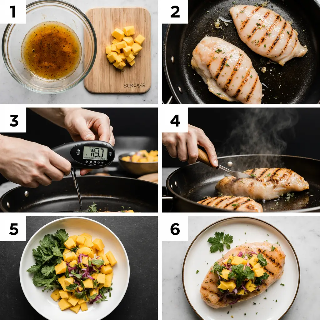 Step by step cooking process for honey lime chicken with mango salsa showing marinating, dicing, grilling, and plating stages