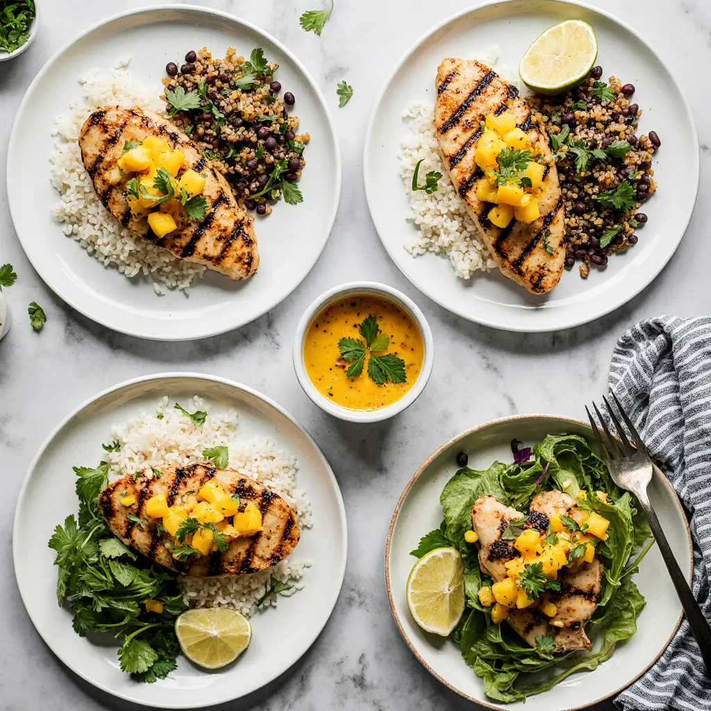 Family dinner table with multiple servings of honey lime chicken with mango salsa plated with rice and vegetables