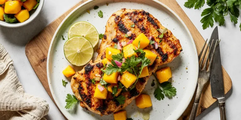 Honey lime chicken with mango salsa served on white plate with lime wedges and cilantro garnish