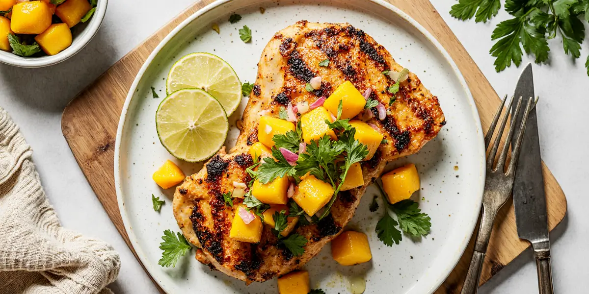 Honey lime chicken with mango salsa served on white plate with lime wedges and cilantro garnish