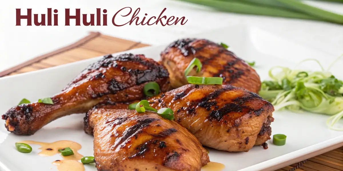 Grilled Huli Huli chicken with caramelized glaze on a white plate