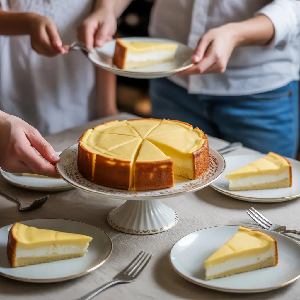 A slice of lemon custard cake with a golden sponge top and creamy lemon filling, dusted with powdered sugar and served on a floral plate.