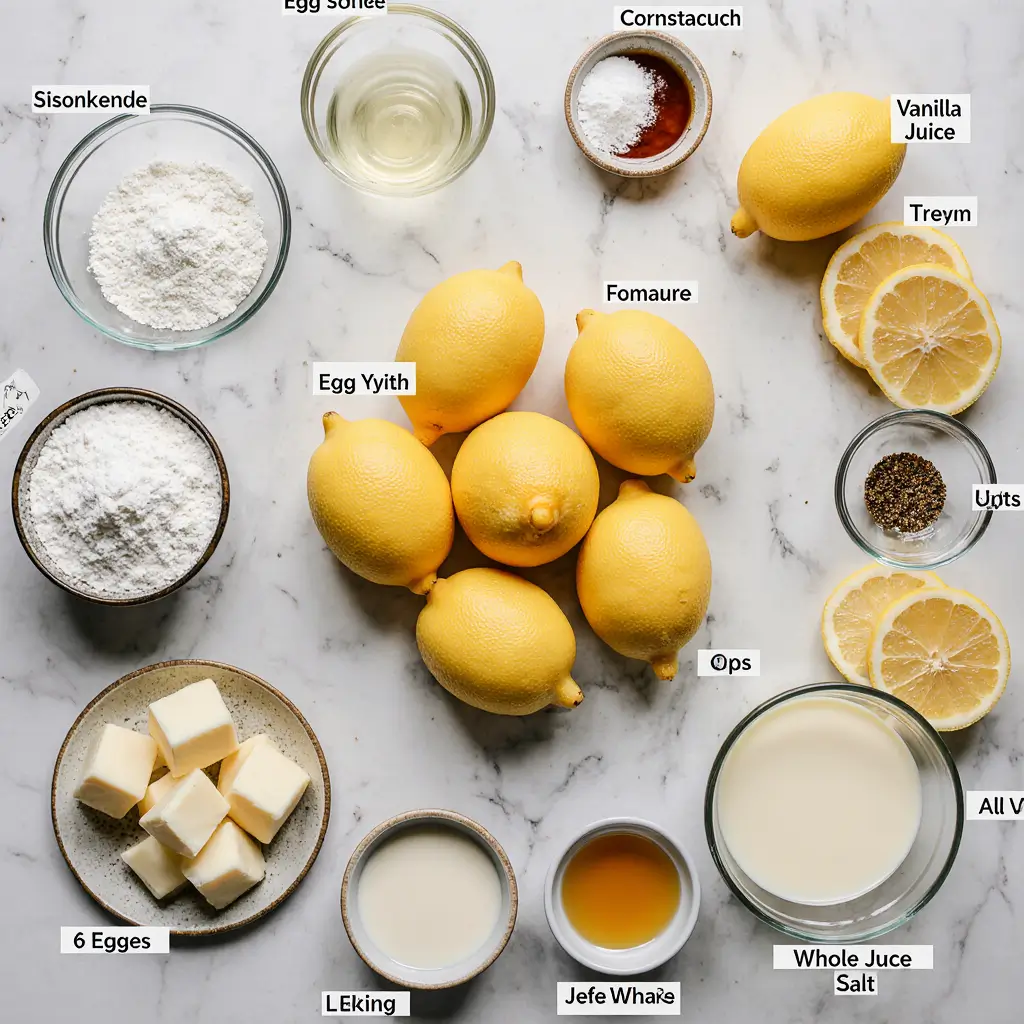 A slice of lemon custard cake with a golden sponge top and creamy lemon filling, dusted with powdered sugar and served on a floral plate.