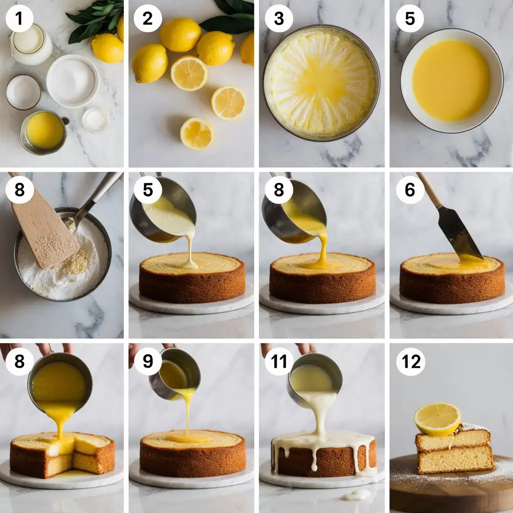 A slice of lemon custard cake with a golden sponge top and creamy lemon filling, dusted with powdered sugar and served on a floral plate.