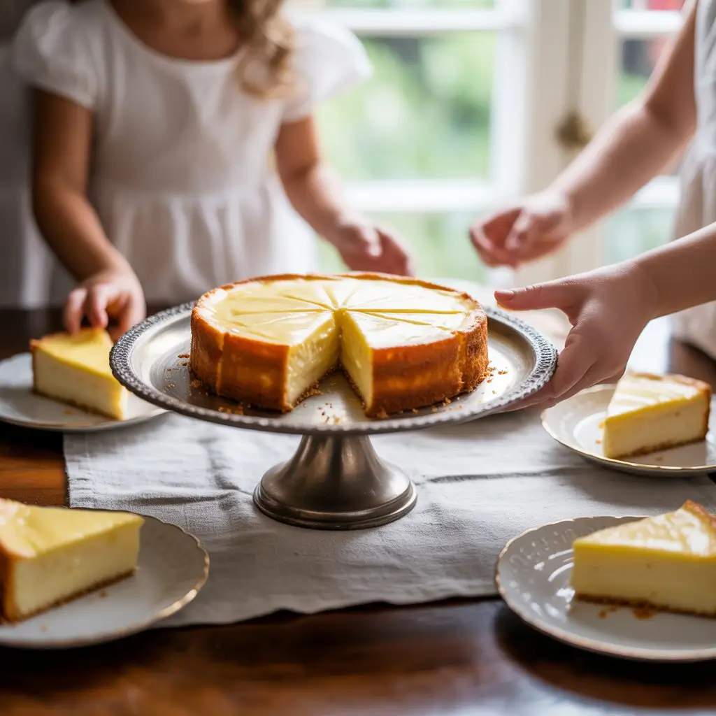 A slice of lemon custard cake with a golden sponge top and creamy lemon filling, dusted with powdered sugar and served on a floral plate.