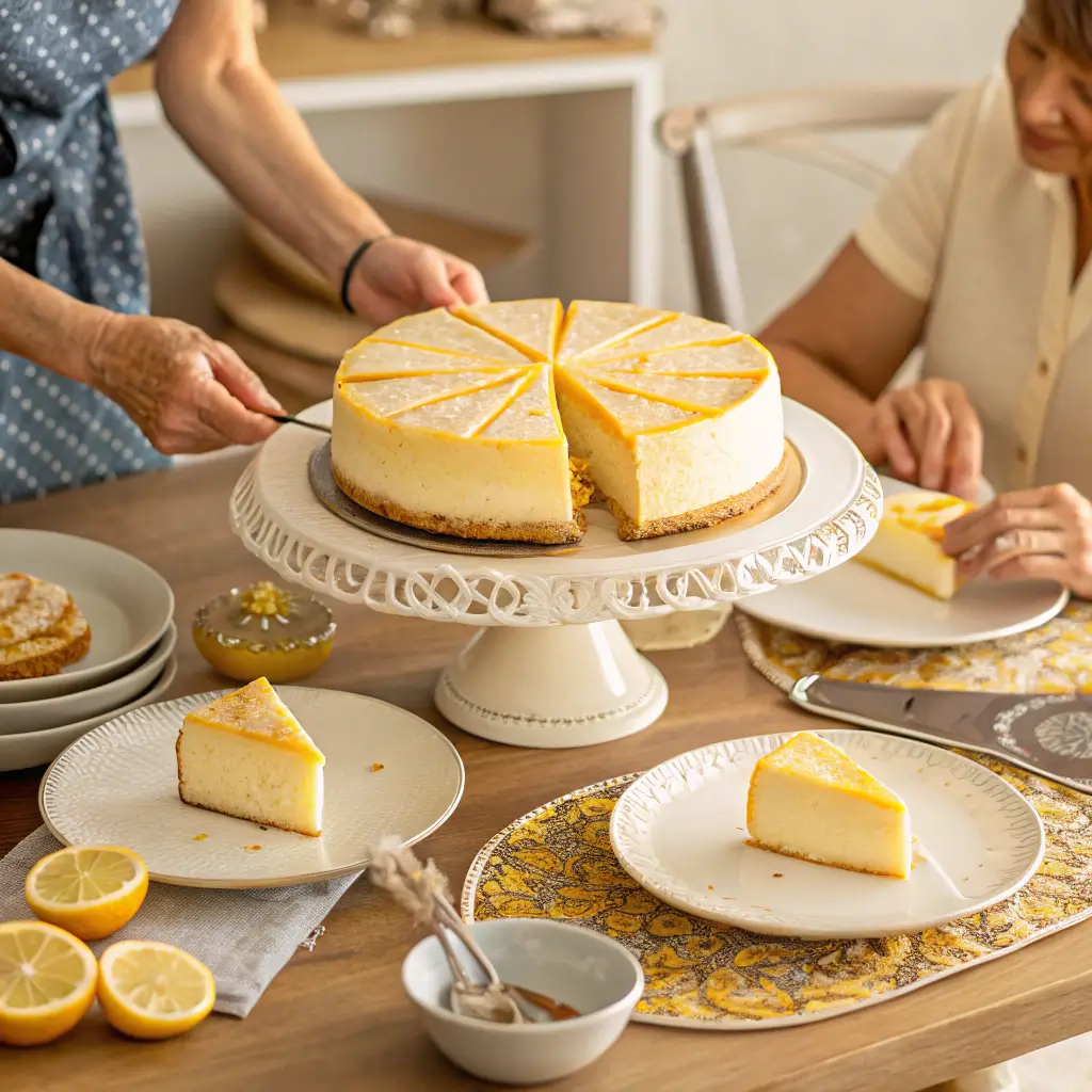 A slice of lemon custard cake with a golden sponge top and creamy lemon filling, dusted with powdered sugar and served on a floral plate.
