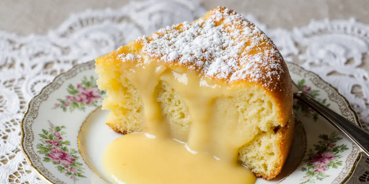 A slice of lemon custard cake with a golden sponge top and creamy lemon filling, dusted with powdered sugar and served on a floral plate.