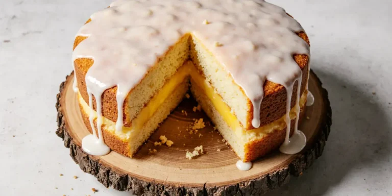 A slice of lemon custard cake with a golden sponge top and creamy lemon filling, dusted with powdered sugar and served on a floral plate.