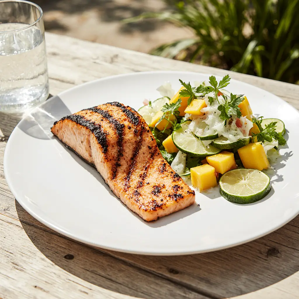 A white plate holding a perfectly grilled salmon fillet next to a vibrant serving of Mango Cucumber Salad, topped with fresh cilantro and peanuts