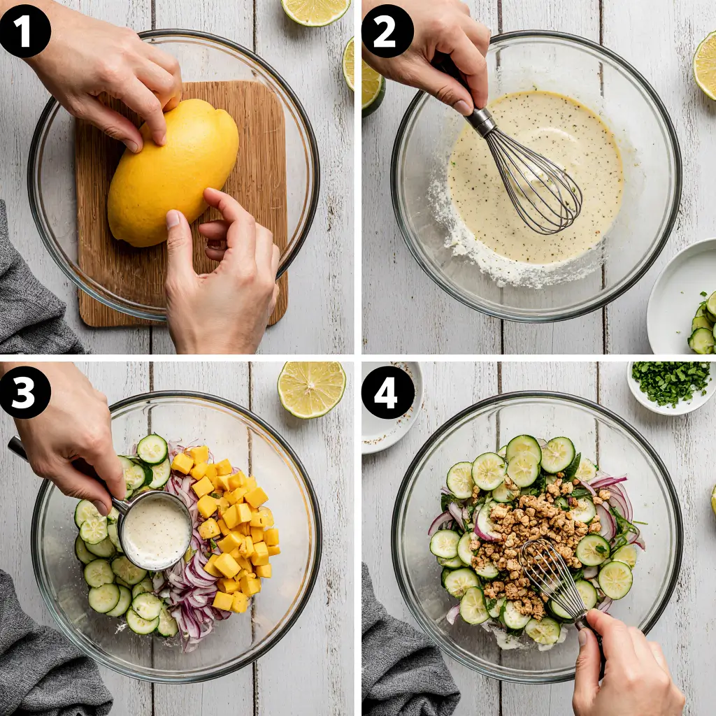 A white plate holding a perfectly grilled salmon fillet next to a vibrant serving of Mango Cucumber Salad, topped with fresh cilantro and peanuts