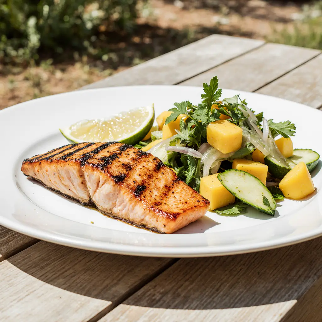 A white plate holding a perfectly grilled salmon fillet next to a vibrant serving of Mango Cucumber Salad, topped with fresh cilantro and peanuts
