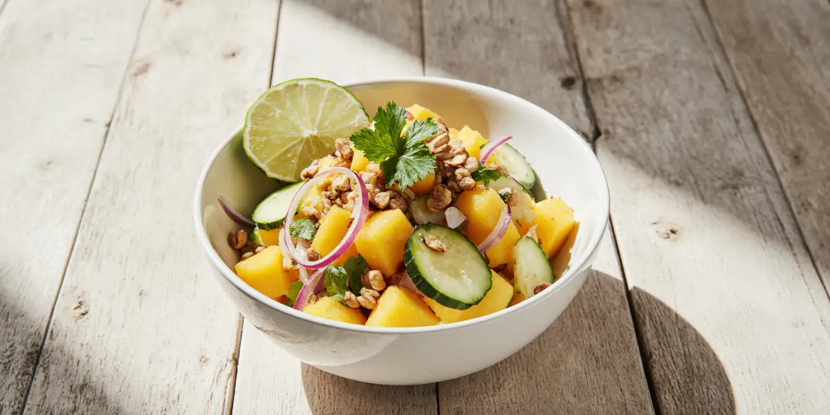 A white plate holding a perfectly grilled salmon fillet next to a vibrant serving of Mango Cucumber Salad, topped with fresh cilantro and peanuts