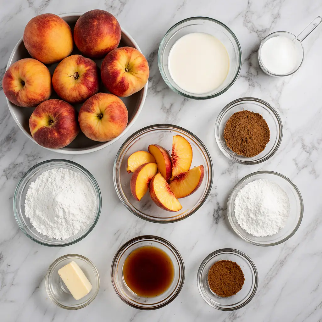 Slice of golden peach cobbler on white plate with vanilla ice cream and vintage spoon