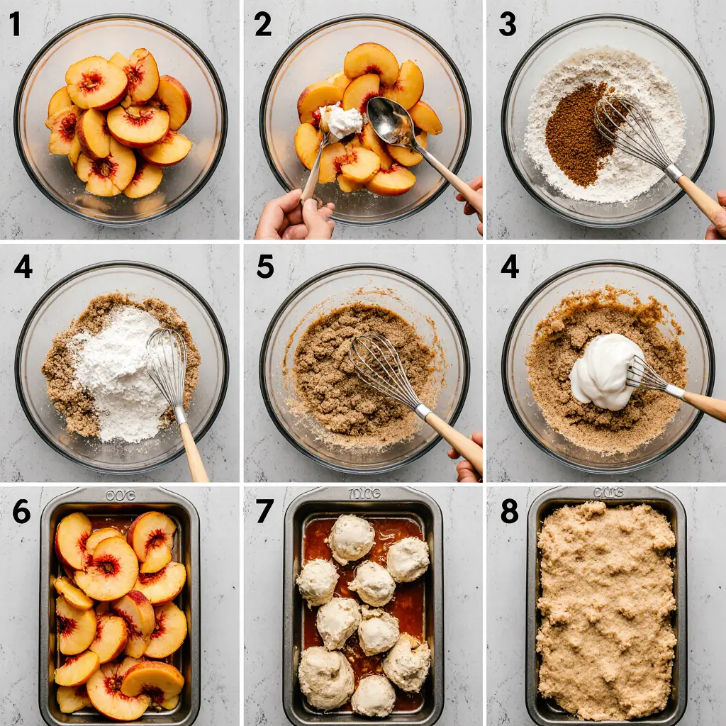 Slice of golden peach cobbler on white plate with vanilla ice cream and vintage spoon