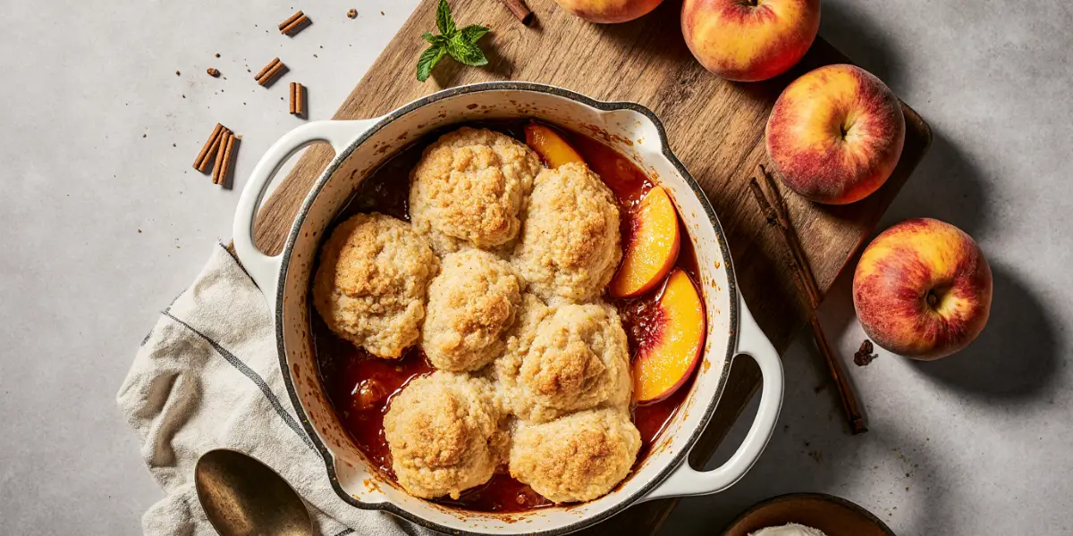 Slice of golden peach cobbler on white plate with vanilla ice cream and vintage spoon