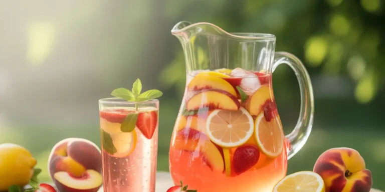 "Three ways to serve Peach Strawberry Lemonade: mason jar, wine glass, and pitcher with garnishes at summer BBQ setting."