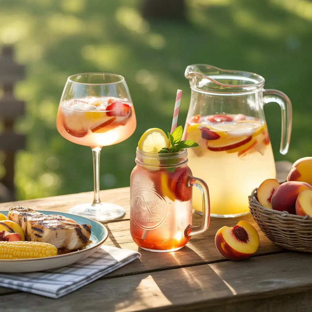 "Three ways to serve Peach Strawberry Lemonade: mason jar, wine glass, and pitcher with garnishes at summer BBQ setting."