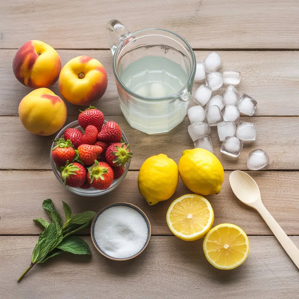 "Three ways to serve Peach Strawberry Lemonade: mason jar, wine glass, and pitcher with garnishes at summer BBQ setting."